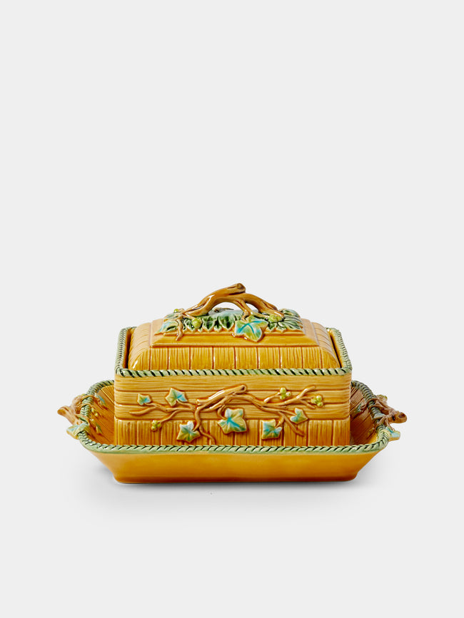 Verdolini - Branches Hand-Painted Majolica Ceramic Box with Stand - Yellow - ABASK - 