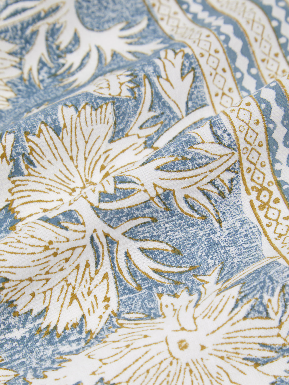 Chamois - Waterlily Block-Printed Cotton Rectangular Tablecloth (106.5in/2.7m) - Blue - ABASK