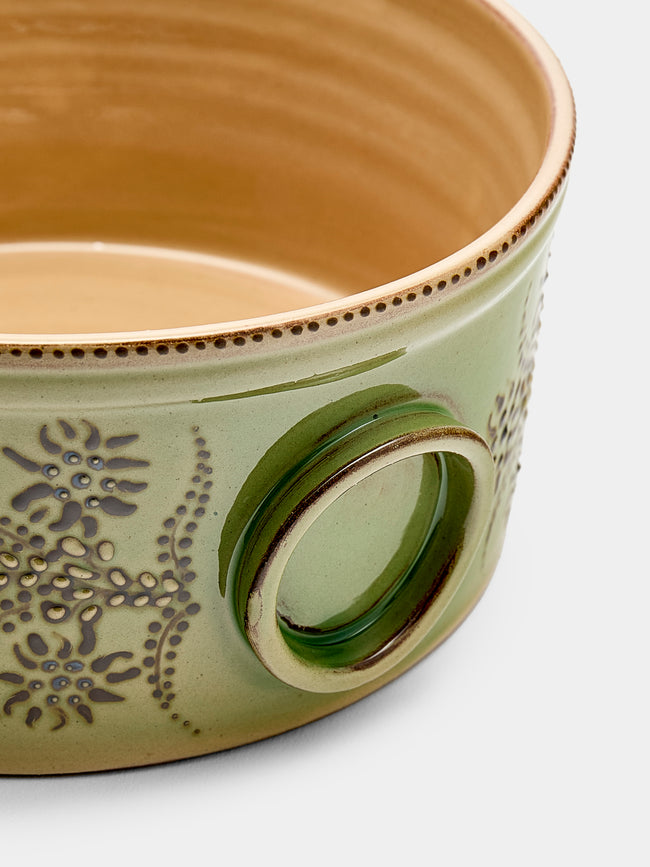 Poterie d’Évires - Flowers Hand-Painted Ceramic Round Pie Dish - Green - ABASK