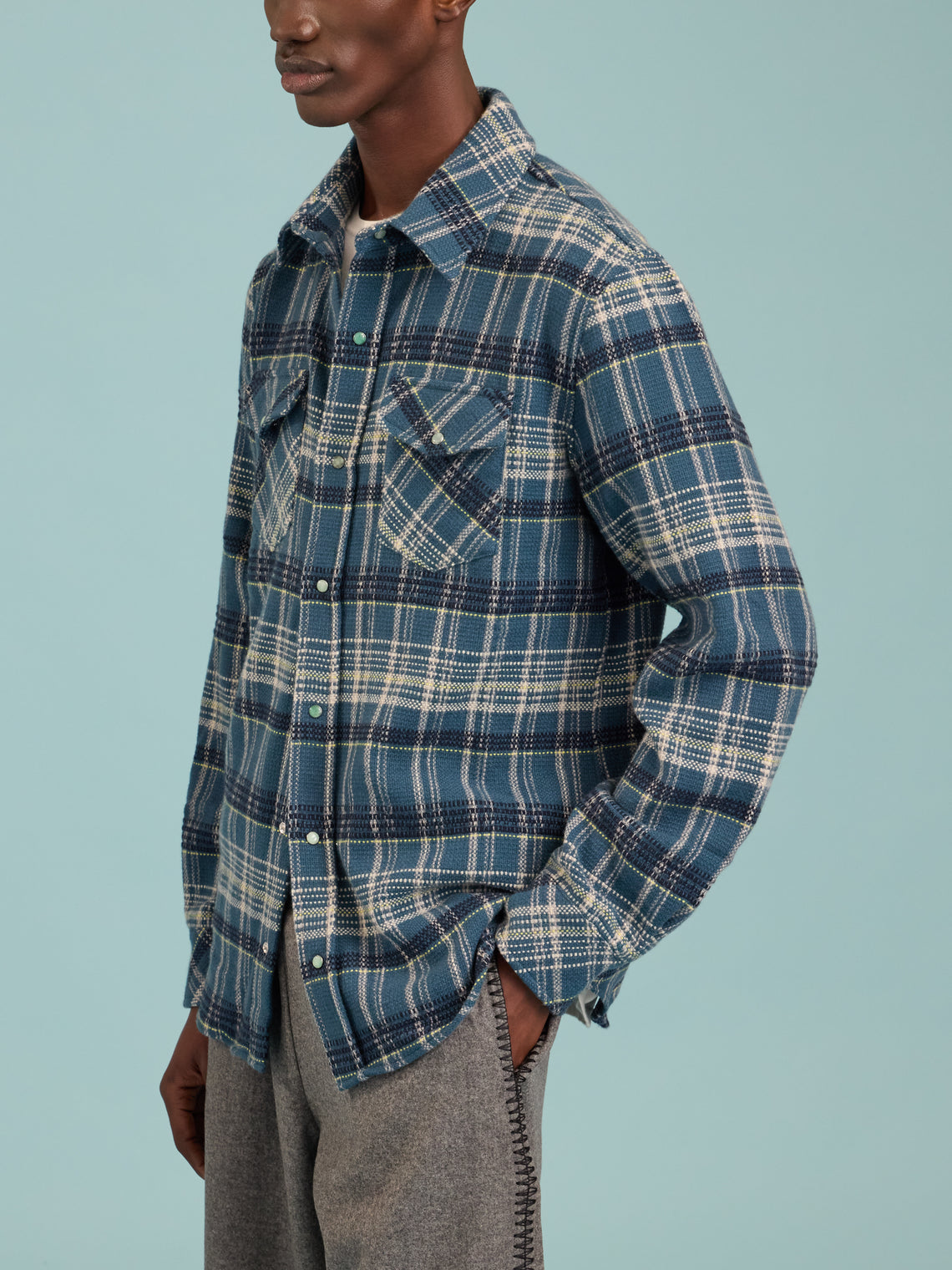 God's True Cashmere - Fantasia Tartan Cashmere Shirt | Size: M - Blue - ABASK