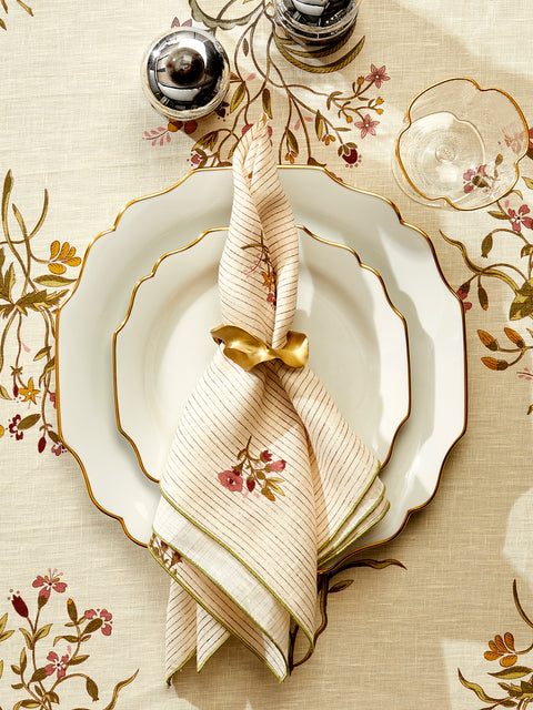 Volga Linen - Scarlet Flax & Field Posy Pinstripe Overlock-Stitch Napkins (Set of 6) - Cream - ABASK