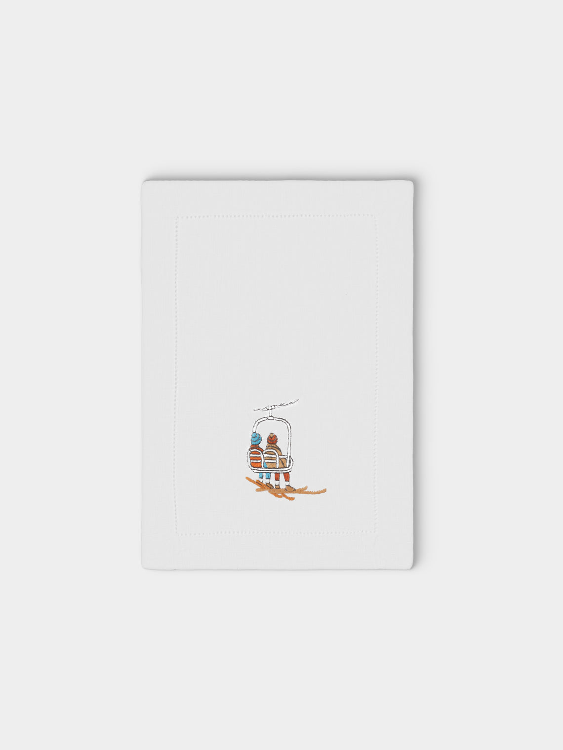 ERI Textiles - | Set of 6 | Up We Go Skiing Hand-Embroidered Linen Cocktail Napkins - White - ABASK