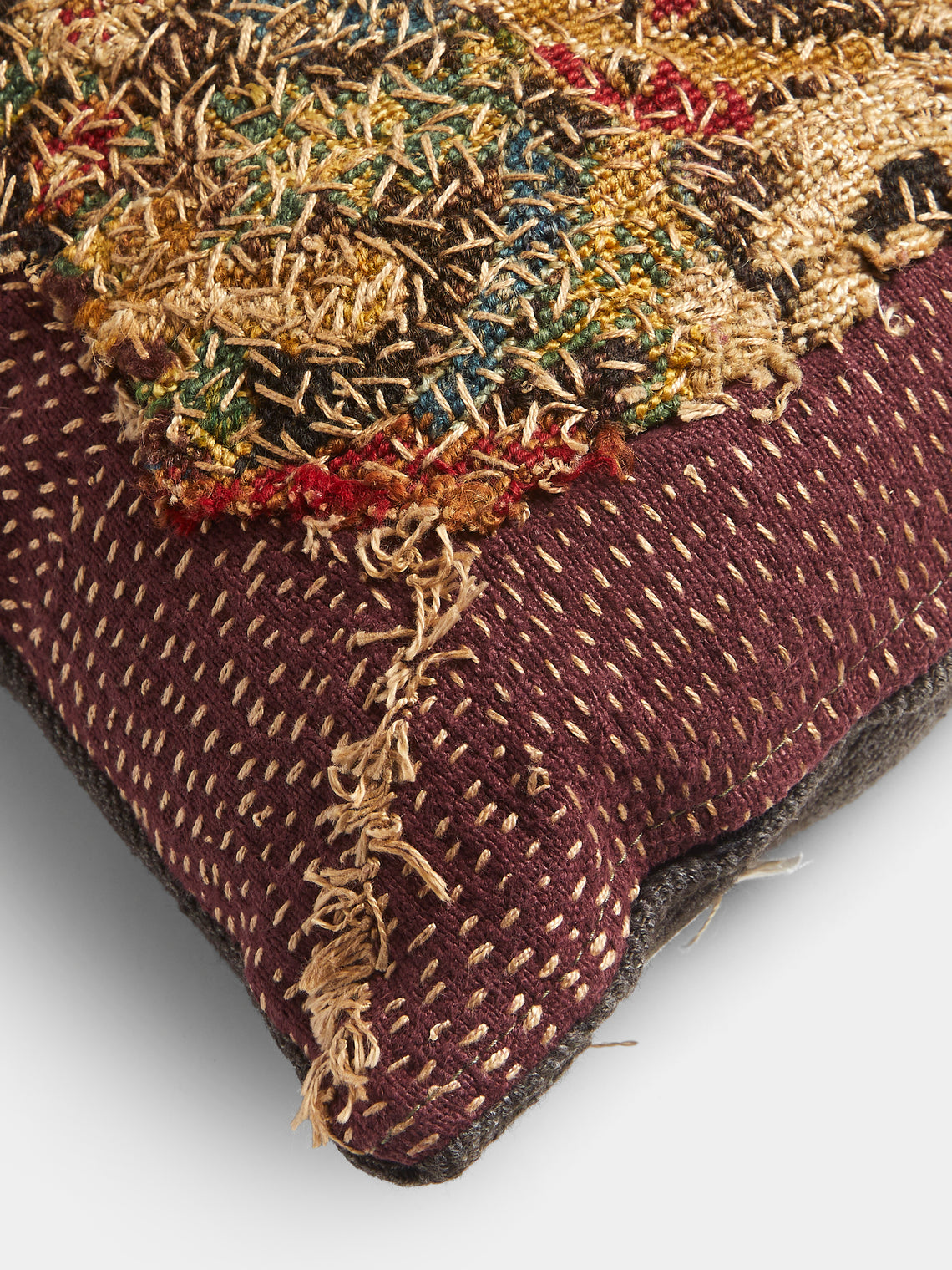 By Walid - 17th-Century English Needlepoint and Linen Cushion (17.5in/45cm) - Burgundy - ABASK