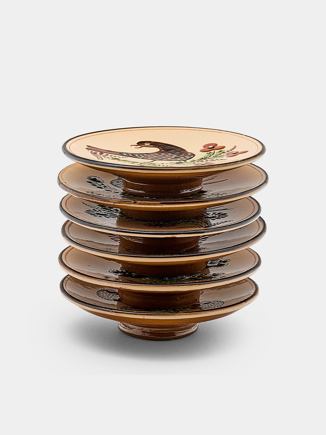 Poterie d’Évires - Flowers and Birds Hand-Painted Ceramic Small Raised Plates (Set of 6) - Cream - ABASK - 