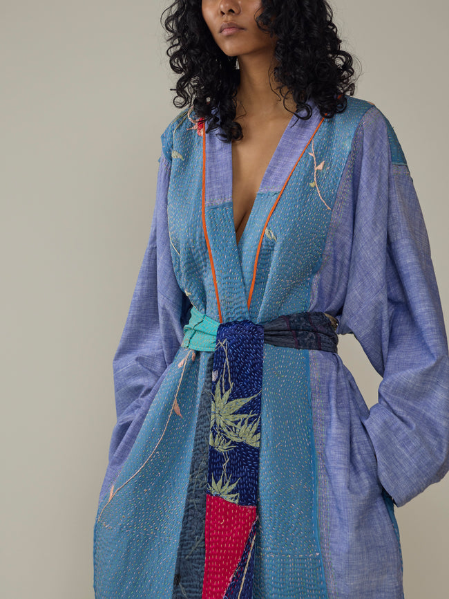 By Walid - 1920s Chinese Embroidered Silk Robe | One Size - Blue - ABASK