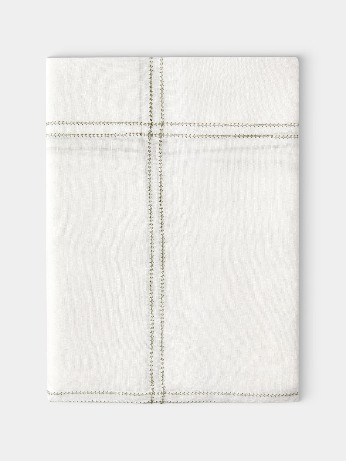 Volga Linen - Botanical Double Hem-Stitch Linen Check Round Tablecloth (110in/2.8m) - White - ABASK