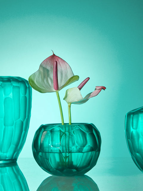 Micheluzzi Glass - Bocia Acqua Bamboo Hand-Blown Murano Glass Vase (6in/15cm) - Blue - ABASK
