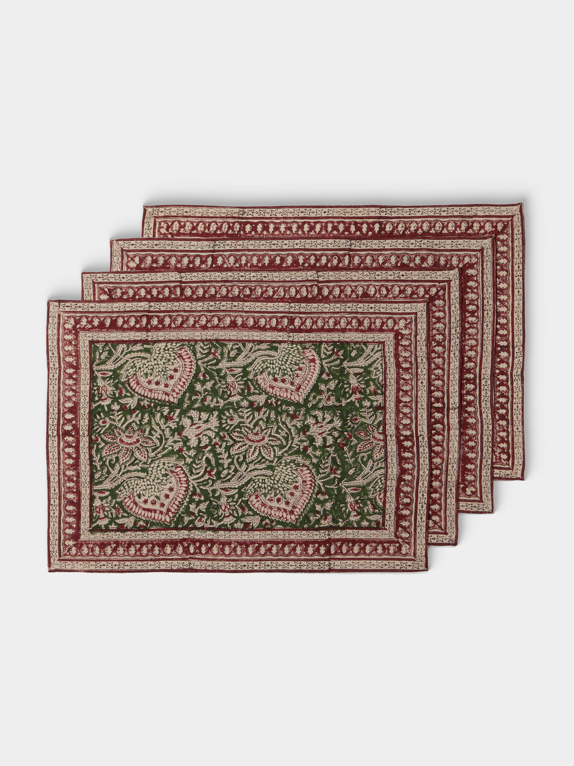 Chamois - Cypress Block-Printed Linen Placemats (Set of 4) - Green - ABASK