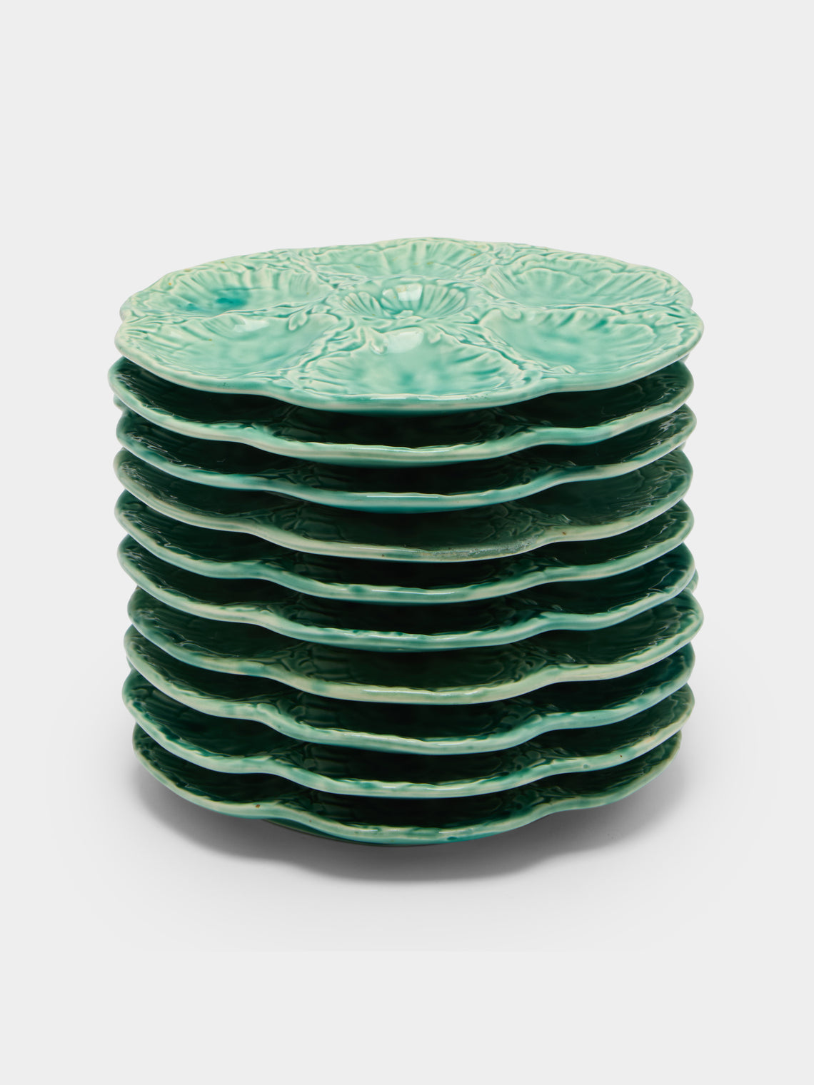 Antique and Vintage - Mid-Century Cabbage Majolica Ceramic Oyster Plates – 9.5in/24cm (Set of 10) - Green - ABASK - 