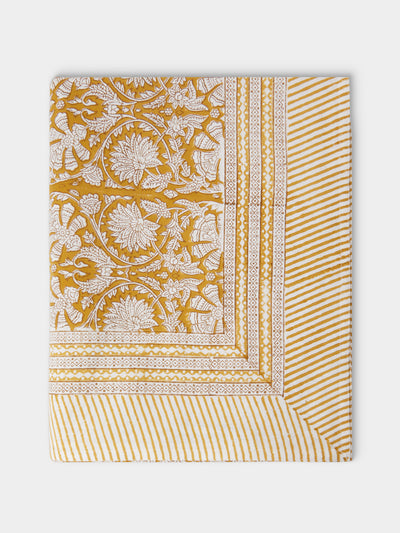 Chamois - Paradise Block-Printed Cotton Rectangular Tablecloth (138in/3.5m) - Yellow - ABASK - 