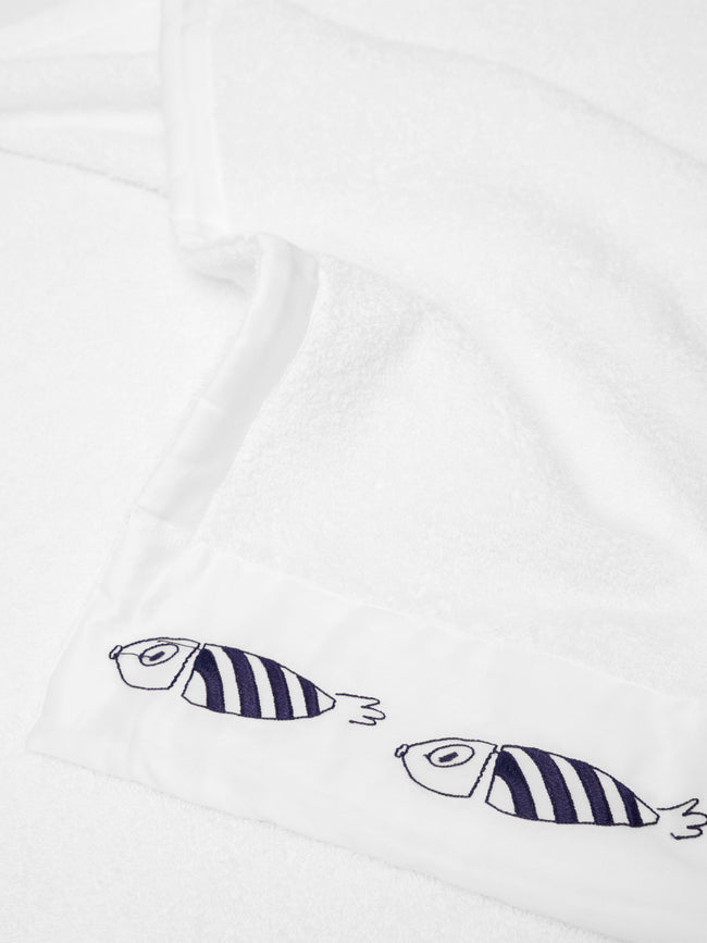 Loretta Caponi - Striped Fish Embroidered Cotton Bath Sheet -  - ABASK