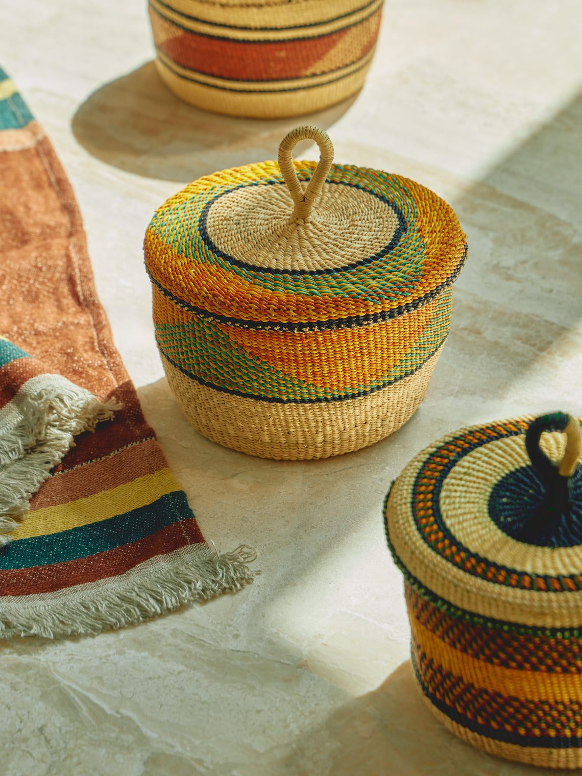 Baba Tree - Banasco Handwoven Elephant Grass Lidded Storage Baskets (Set of 2) - Multiple - ABASK