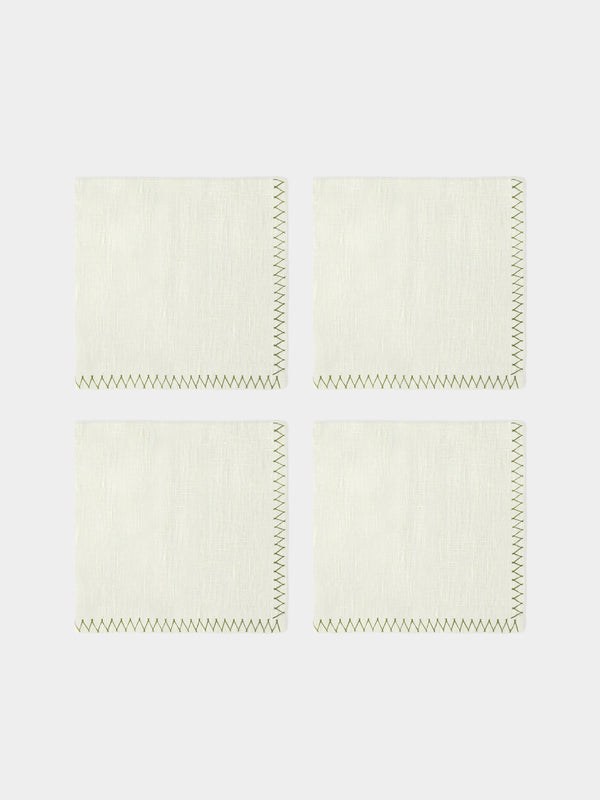 Anut Cairo - Zigzag Hand-Embroidered Linen Napkins (Set of 4) - Green - ABASK