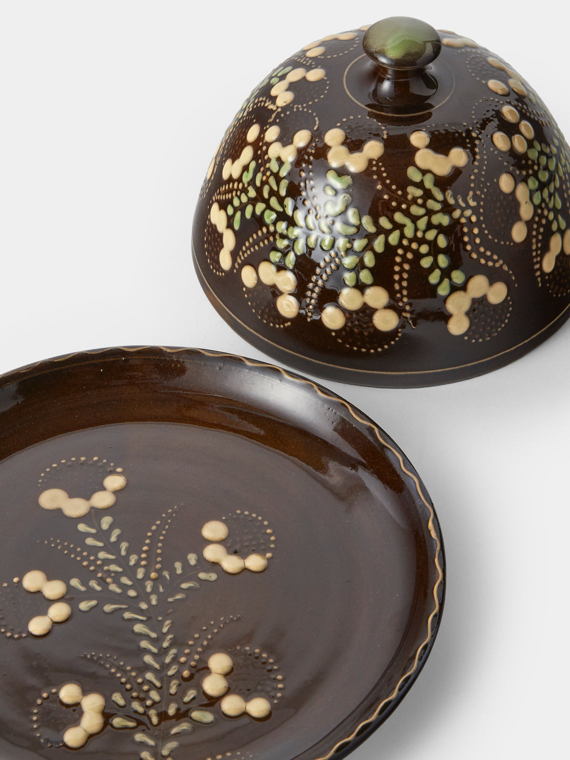 Poterie d’Évires - Flowers Hand-Painted Ceramic Butter Dish - Dark Brown - ABASK