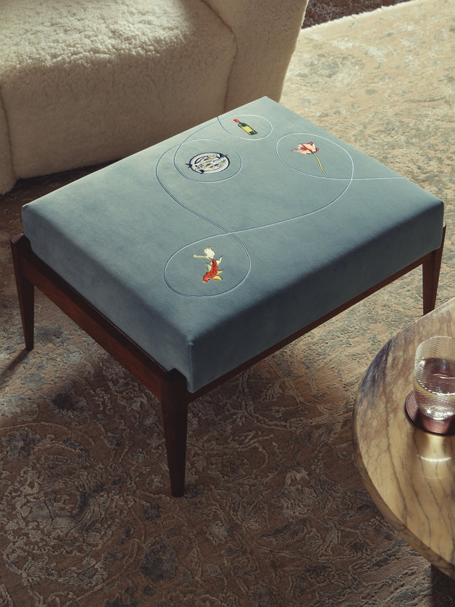 Uncommon Ancestor - Dead or Alive Embroidered Velvet Rectangular Footstool - Blue - ABASK