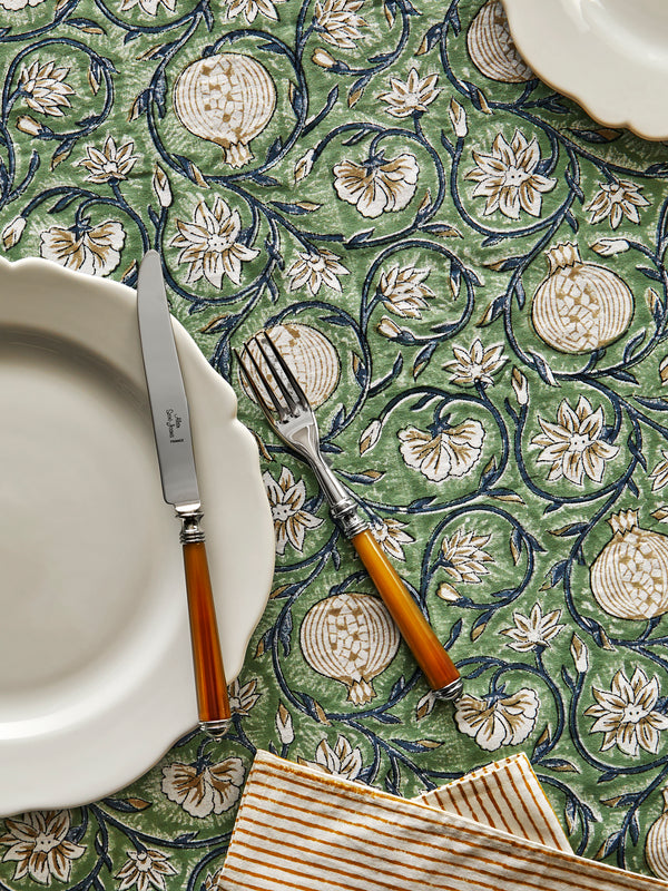 Chamois - Tangier Pomegranate Block-Printed Cotton Rectangular Tablecloth - Green - ABASK