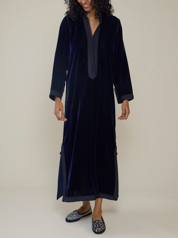 Muzungu Sisters - Alia Hand-Embroidered Velvet Dress | Size: S - Navy - ABASK
