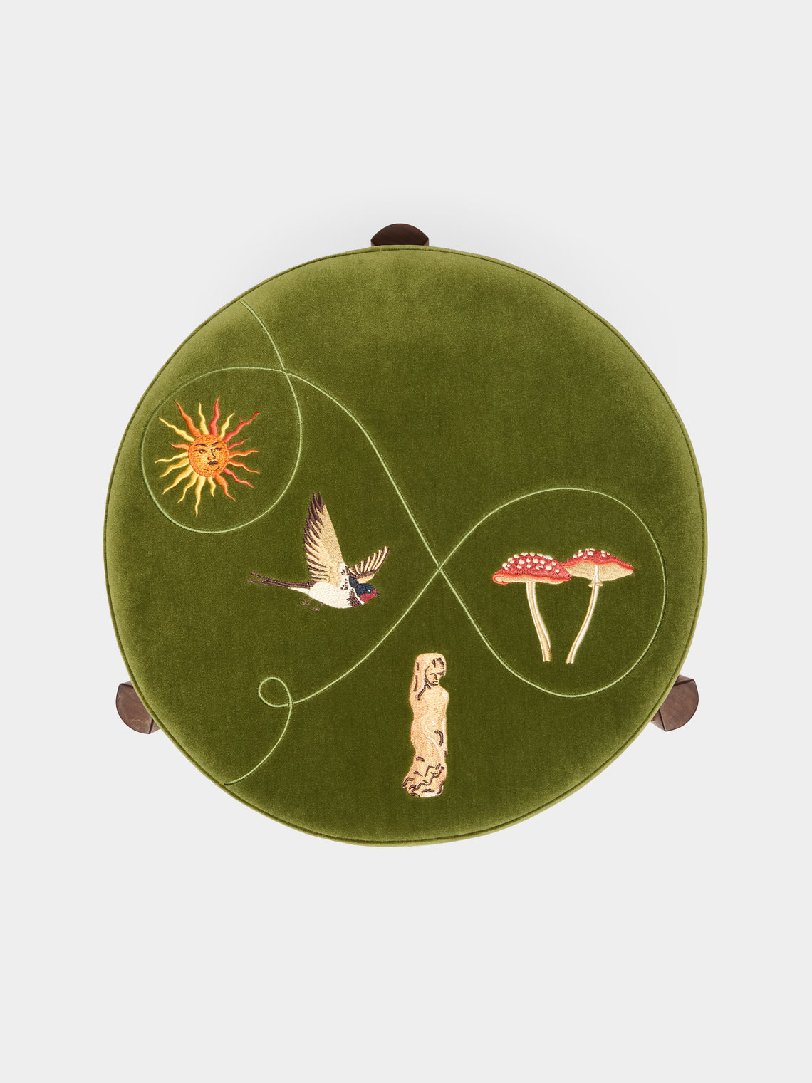 Uncommon Ancestor - Free Me Embroidered Velvet Round Footstool - Green - ABASK