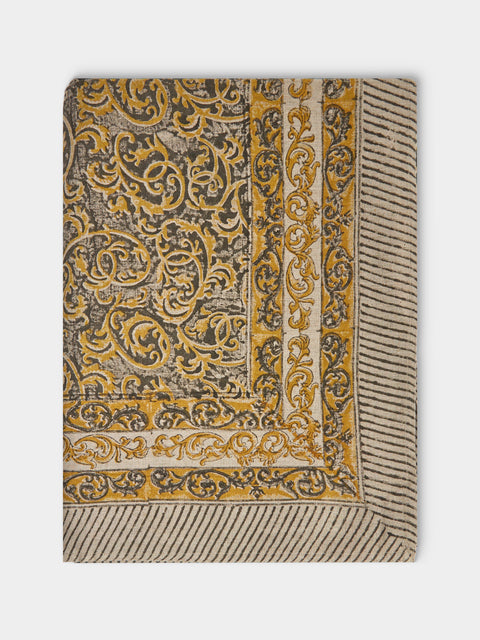 Chamois - Ornamental Block-Printed Linen Rectangular Tablecloth (138in/3.5m) - Multiple - ABASK - 