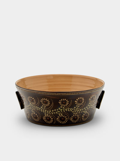 Poterie d’Évires - Flowers Hand-Painted Ceramic Large Handled Serving Bowl - Dark brown - ABASK - 