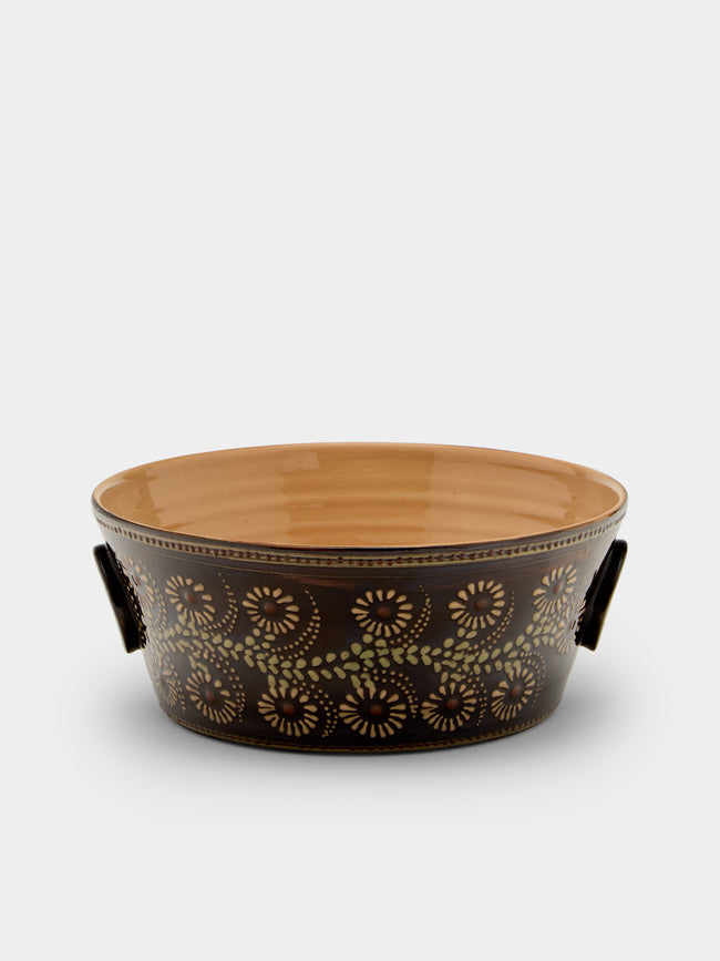 Poterie d’Évires - Flowers Hand-Painted Ceramic Large Handled Serving Bowl - Dark brown - ABASK - 