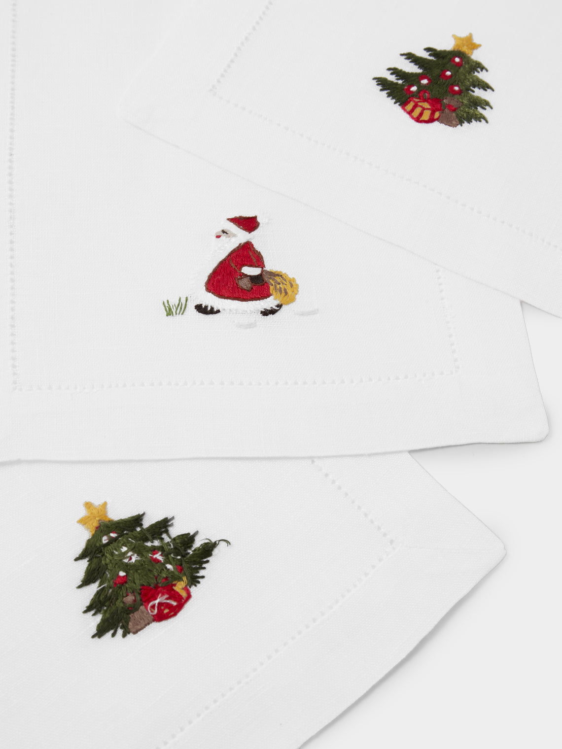 ERI Textiles - | Set of 6 | Santa Claus Hand-Embroidered Linen Cocktail Napkins - White - ABASK