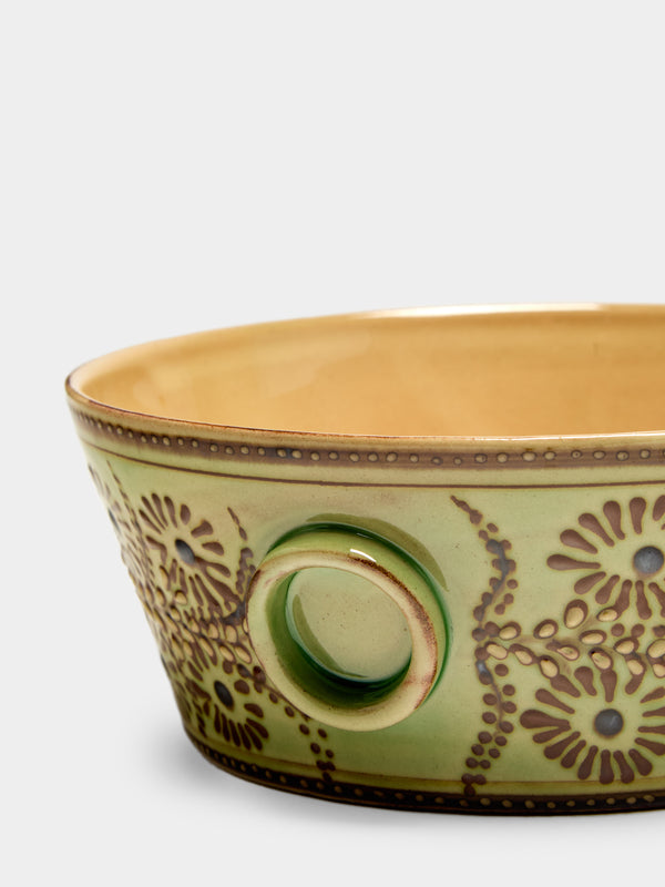 Poterie d’Évires - Flowers Hand-Painted Ceramic Small Handled Serving Bowl - Green - ABASK