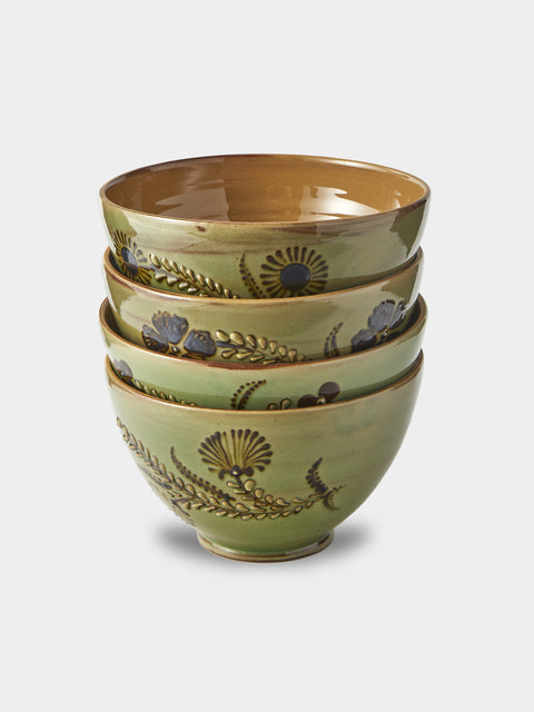 Poterie d’Évires - Flowers Hand-Painted Ceramic Grand Bowls (Set of 4) - Green - ABASK - 