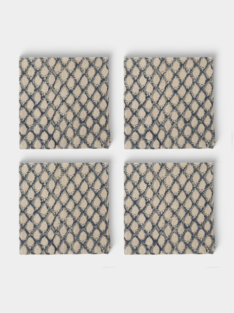 Chamois - Cypress Block-Printed Linen Napkins (Set of 4) - Navy - ABASK - 