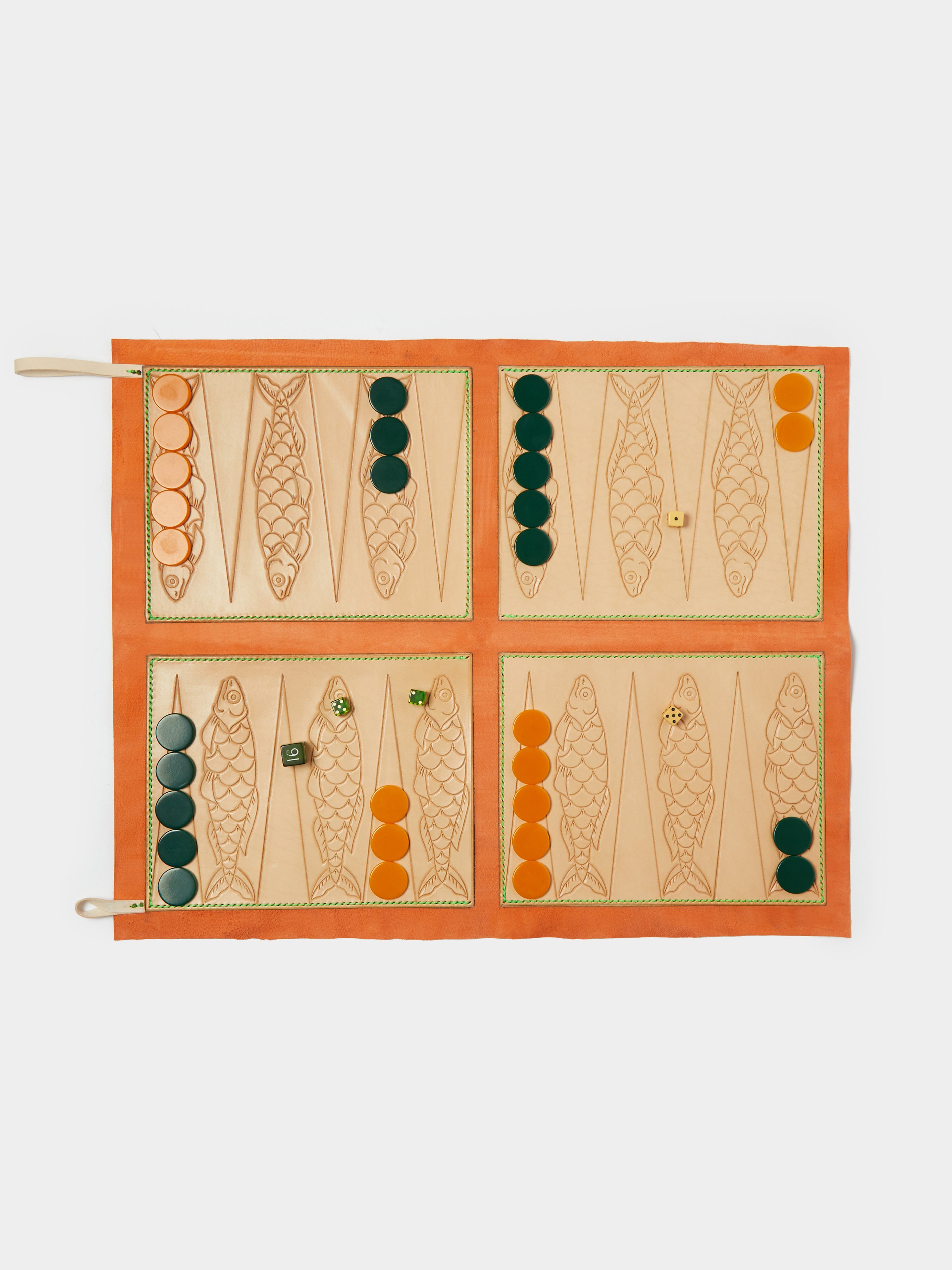 Fish Backgammon Table Orange Fish Leather Travel Backgammon Set by Nick Plant | ABASK