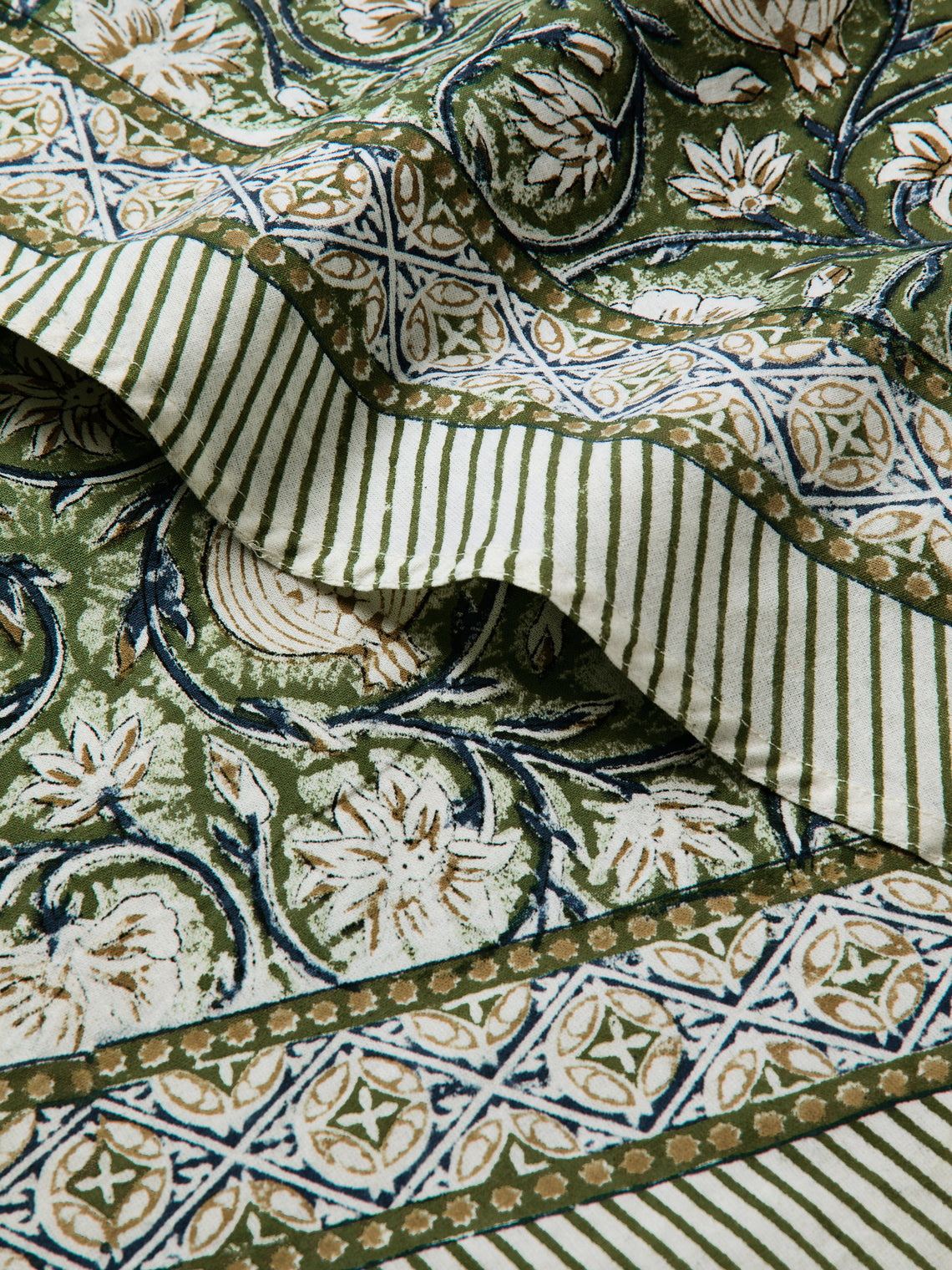 Chamois - Tangier Pomegranate Block-Printed Cotton Round Tablecloth (86.5in/2.2m) - Green - ABASK