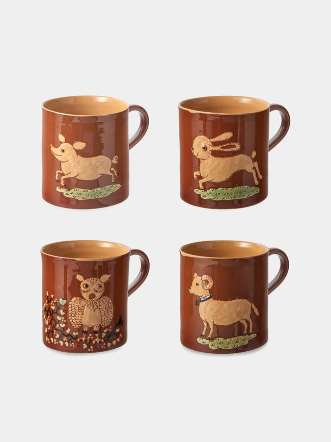 Poterie d’Évires - Animals Hand-Painted Ceramic Mugs (Set of 4) - Light Brown - ABASK - 