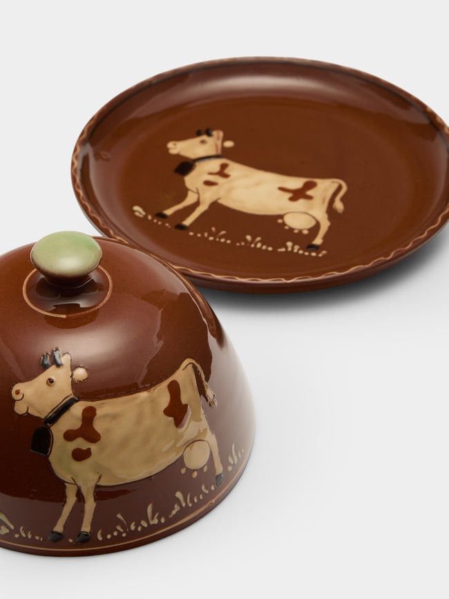 Poterie d’Évires - Cows Hand-Painted Ceramic Large Lidded Butter Dish - Light brown - ABASK