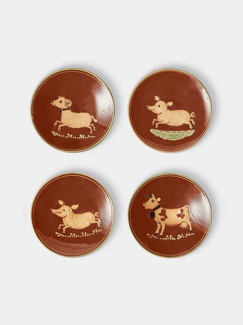 Poterie d’Évires - | Set of 4 | Animals Hand-Painted Slipware Plates (5.5in/14cm) - Light Brown - ABASK - 