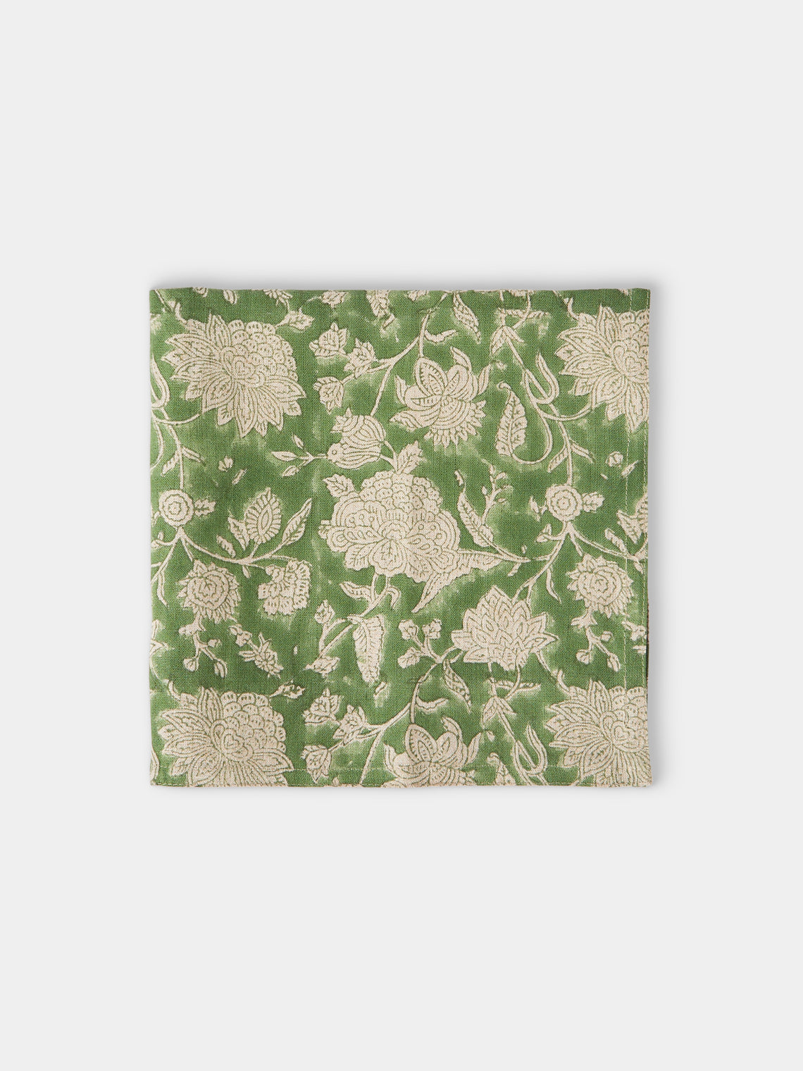 Chamois - Indian Rose Block-Printed Linen Rectangular Tablecloth - Green - ABASK - 