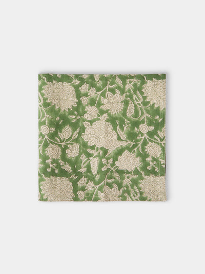 Chamois - Indian Rose Block-Printed Linen Rectangular Tablecloth - Green - ABASK - 