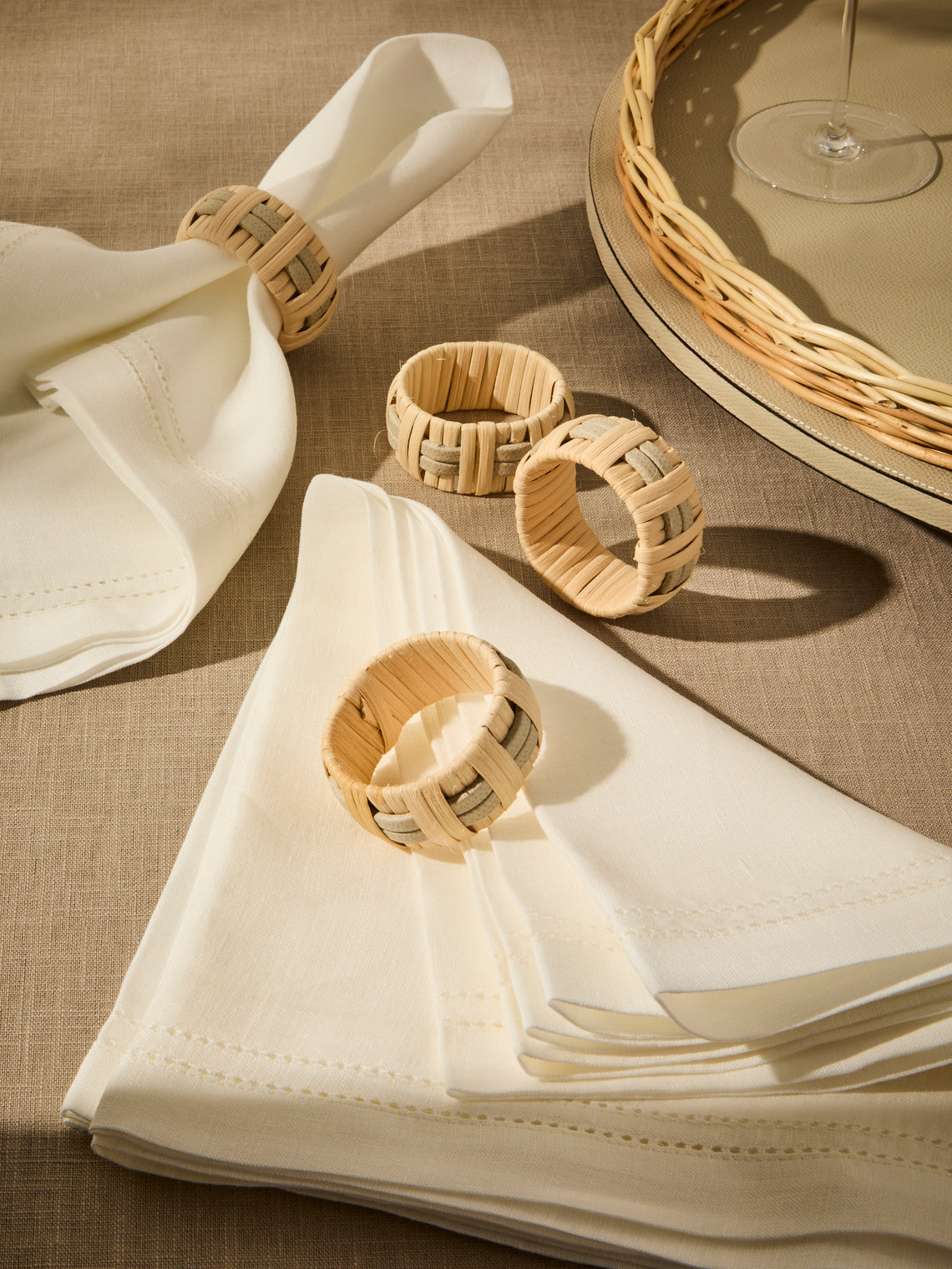 Pigment France - | Set of 4 | Anglet Leather and Rattan Napkin Rings - Cream - ABASK