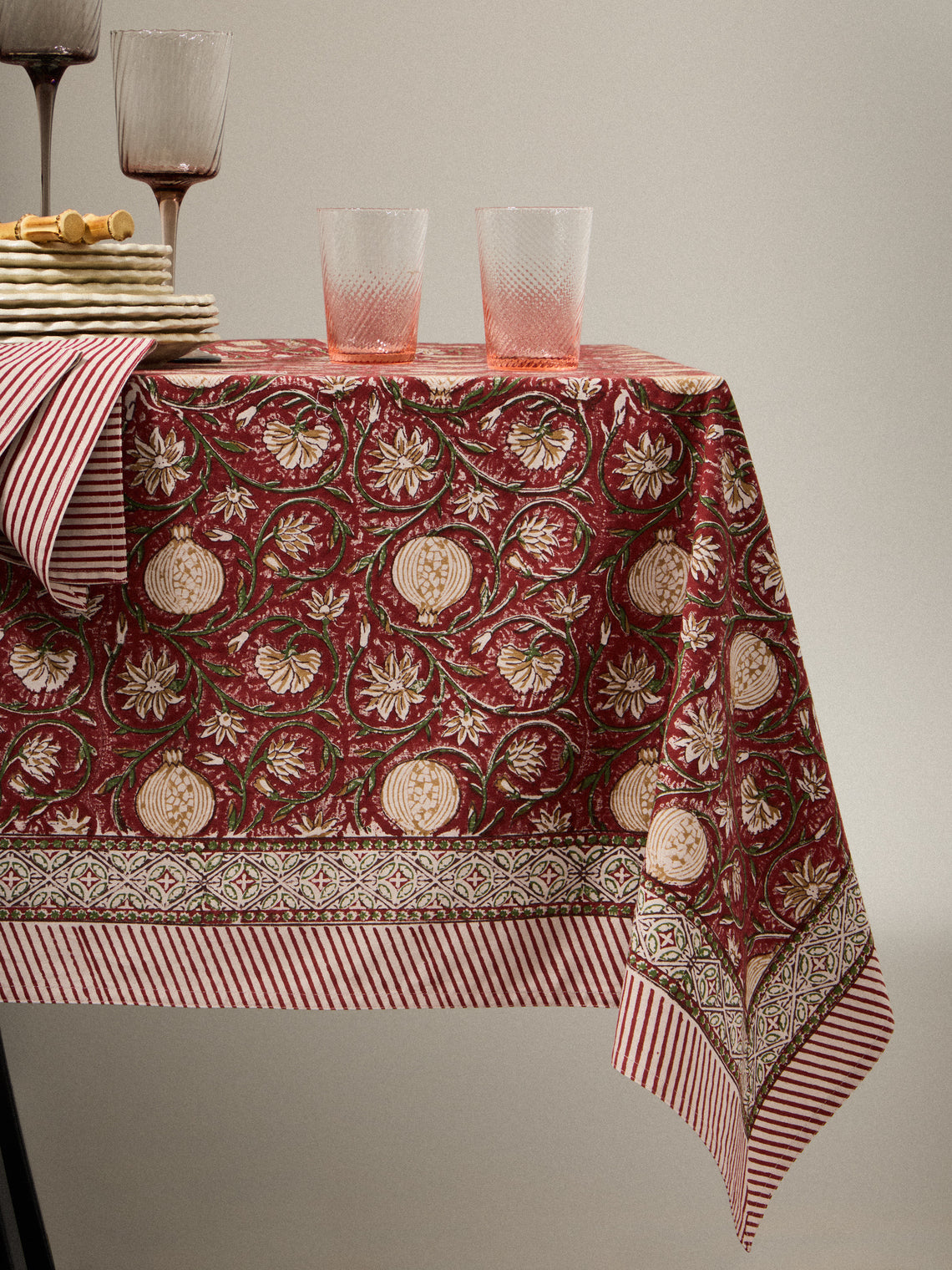 Chamois - Tangier Pomegranate Block-Printed Cotton Rectangular Tablecloth (106.5in/2.7m) - Multiple - ABASK
