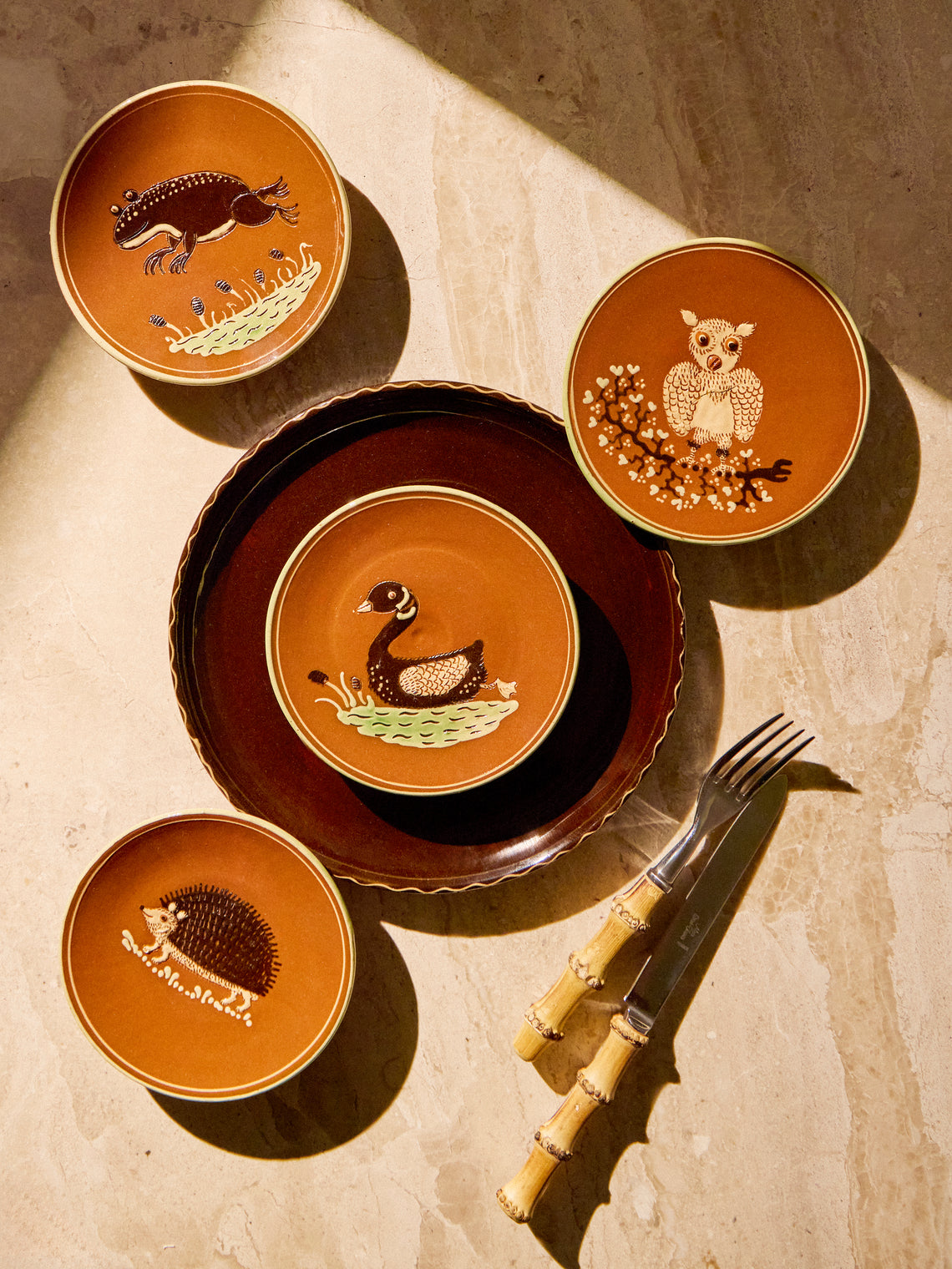 Poterie d’Évires - Animals Hand-Painted Ceramic Plates – 5.5in/14cm (Set of 4) - Light Brown - ABASK
