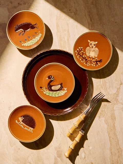 Poterie d’Évires - Animals Hand-Painted Ceramic Plates – 5.5in/14cm (Set of 4) - Light Brown - ABASK
