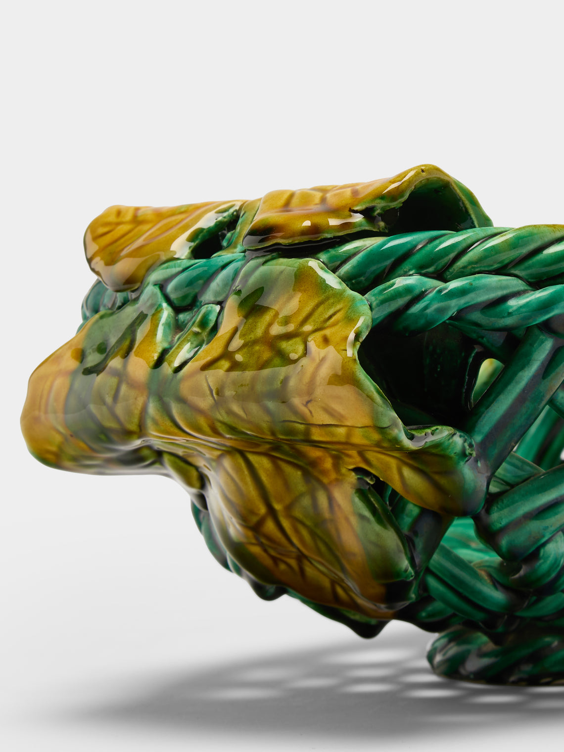 Antique and Vintage - Mid-Century Majolica Ceramic Basket - Green - ABASK