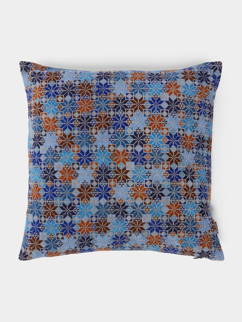 Kissweh - Moon of Bethlehem Hand-Embroidered Cotton Cushion (14in/36cm) - Blue - ABASK - 