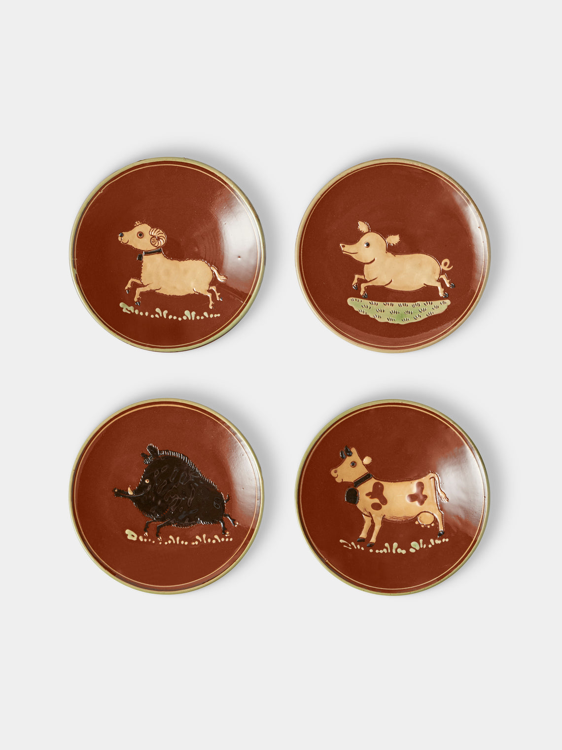 Poterie d’Évires - Animals Hand-Painted Ceramic Plates – 5.5in/14cm (Set of 4) - Light Brown - ABASK - 