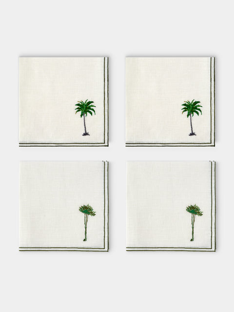 La Gallina Matta - Palm Embroidered Linen Napkins (Set of 4) - White - ABASK