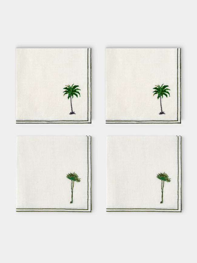 La Gallina Matta - Palm Embroidered Linen Napkins (Set of 4) - White - ABASK