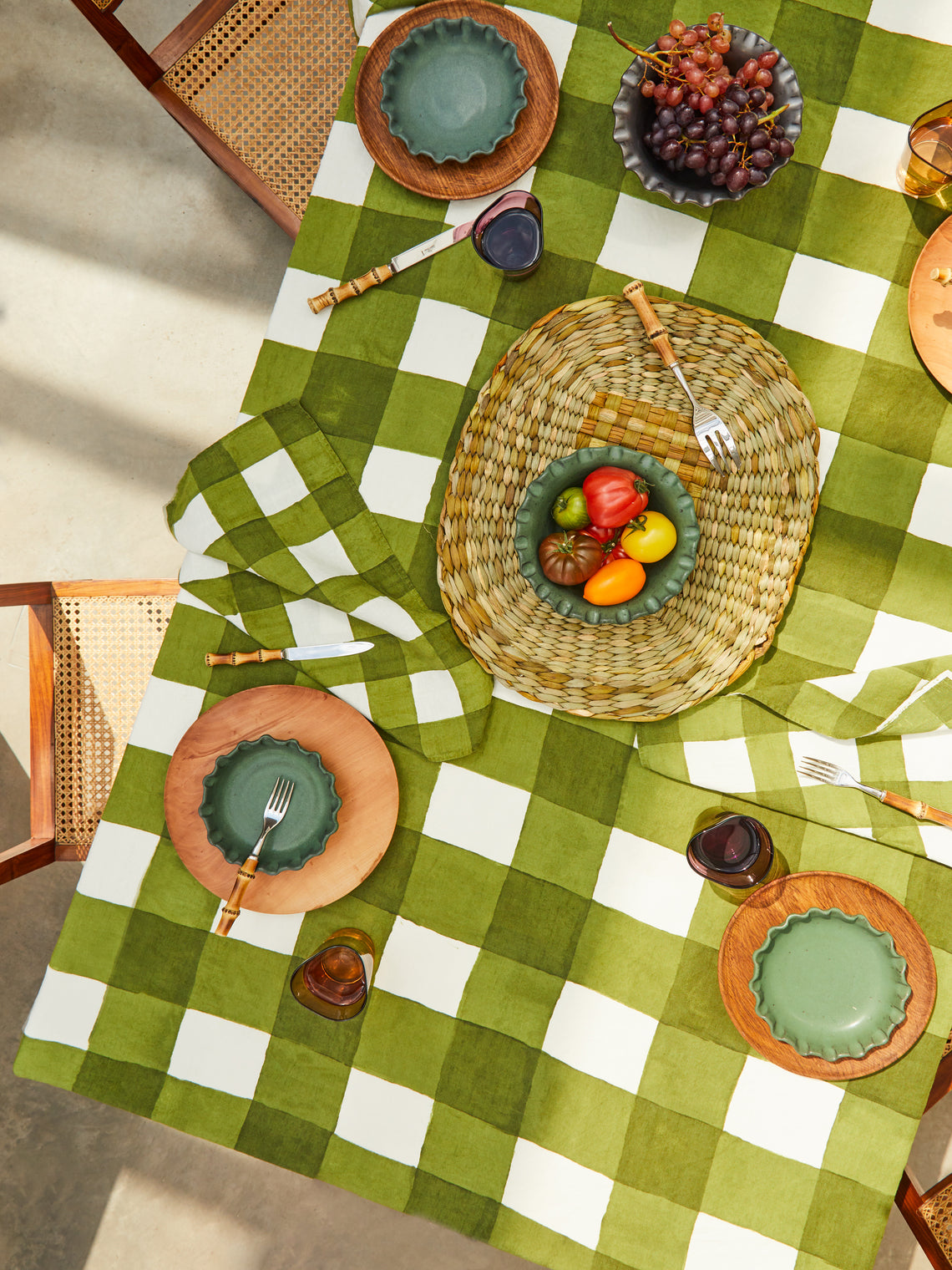 Gingham Hand-Painted Linen Rectangular Tablecloth