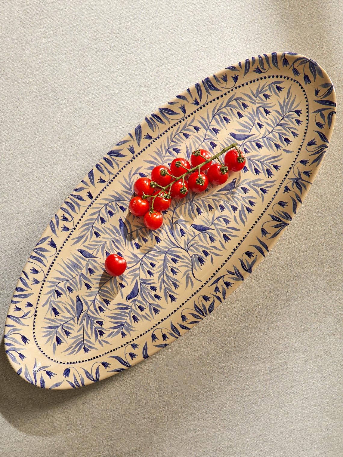 Rosanna Corfe - Birds and Bluebells Hand-Painted Ceramic Large Oval Platter - Cream - ABASK