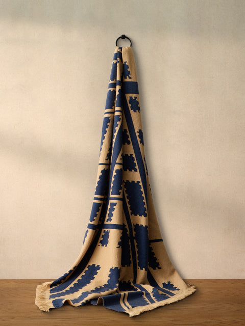 Saved NY - Blockprint Cashmere Throw (79in/2m) - Blue - ABASK
