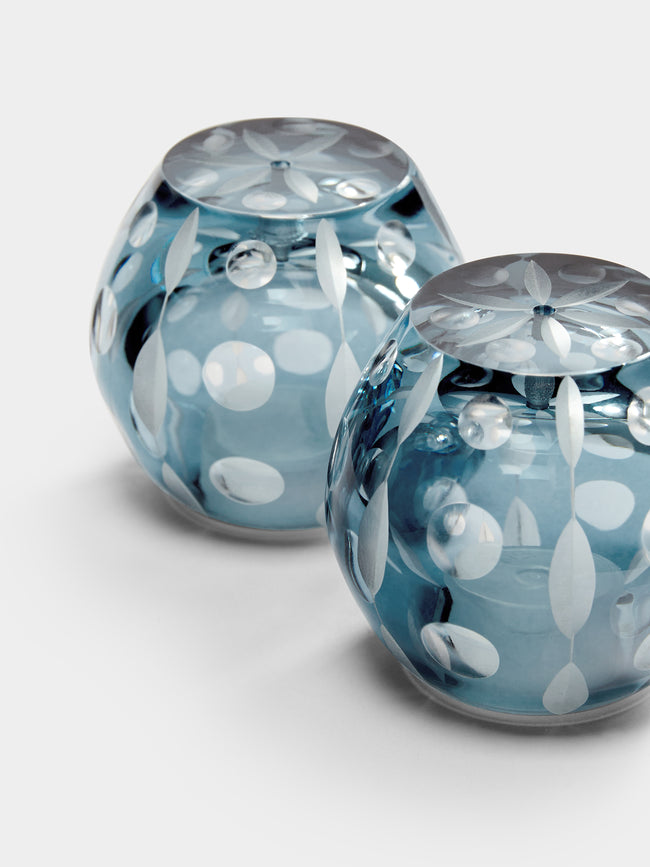 Artel - Perla Hand-Engraved Crystal Salt and Pepper Shakers (Set of 2) - Blue - ABASK