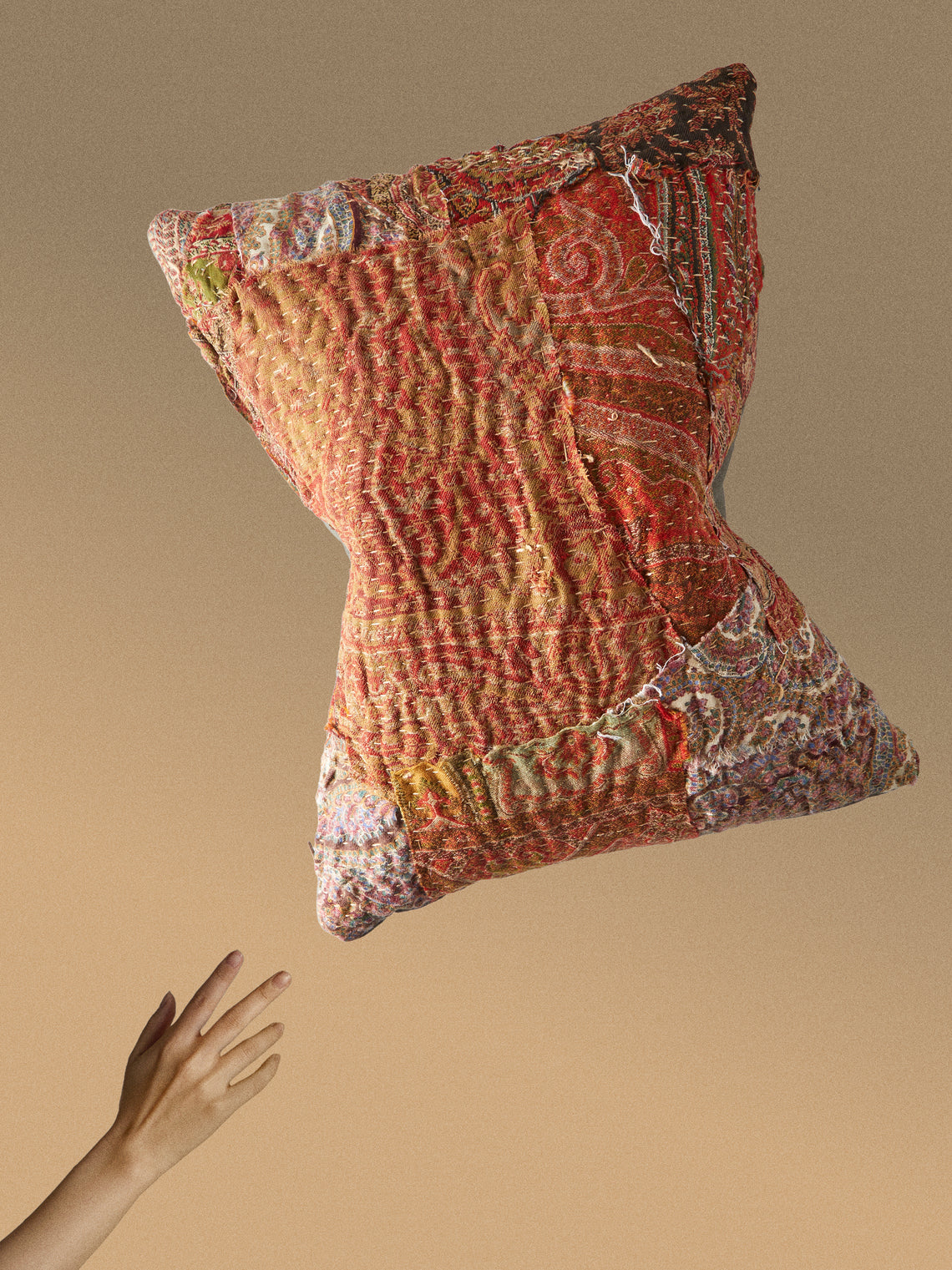 By Walid - 19th-Century Paisley Patchwork Wool and Damask Cushion (17.5in/45cm) - Multiple - ABASK